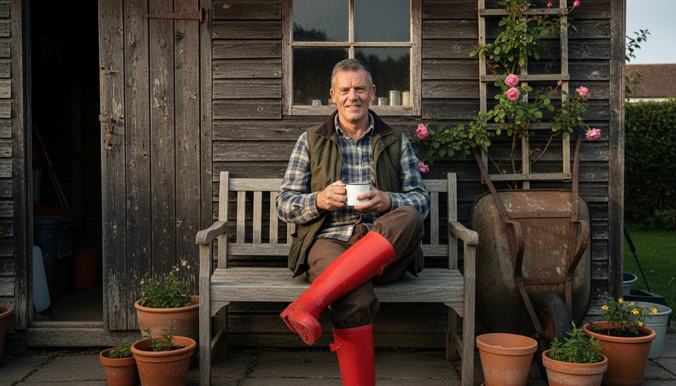 Kevin sitting on a bench outside his potting shed with a mug of tea
