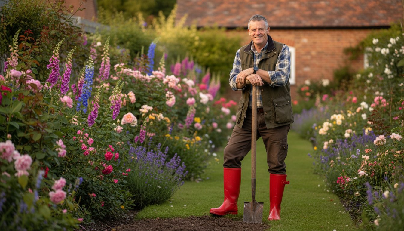 Kevin, the Guv, leaning on his spade in a cottage garden, in his red wellies