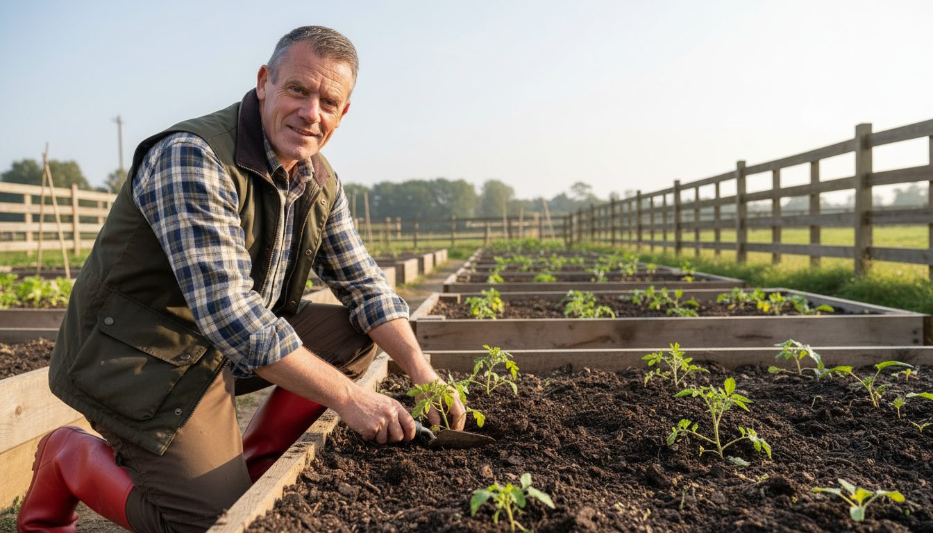 Kevin planting a tomato seedling in a raised bed